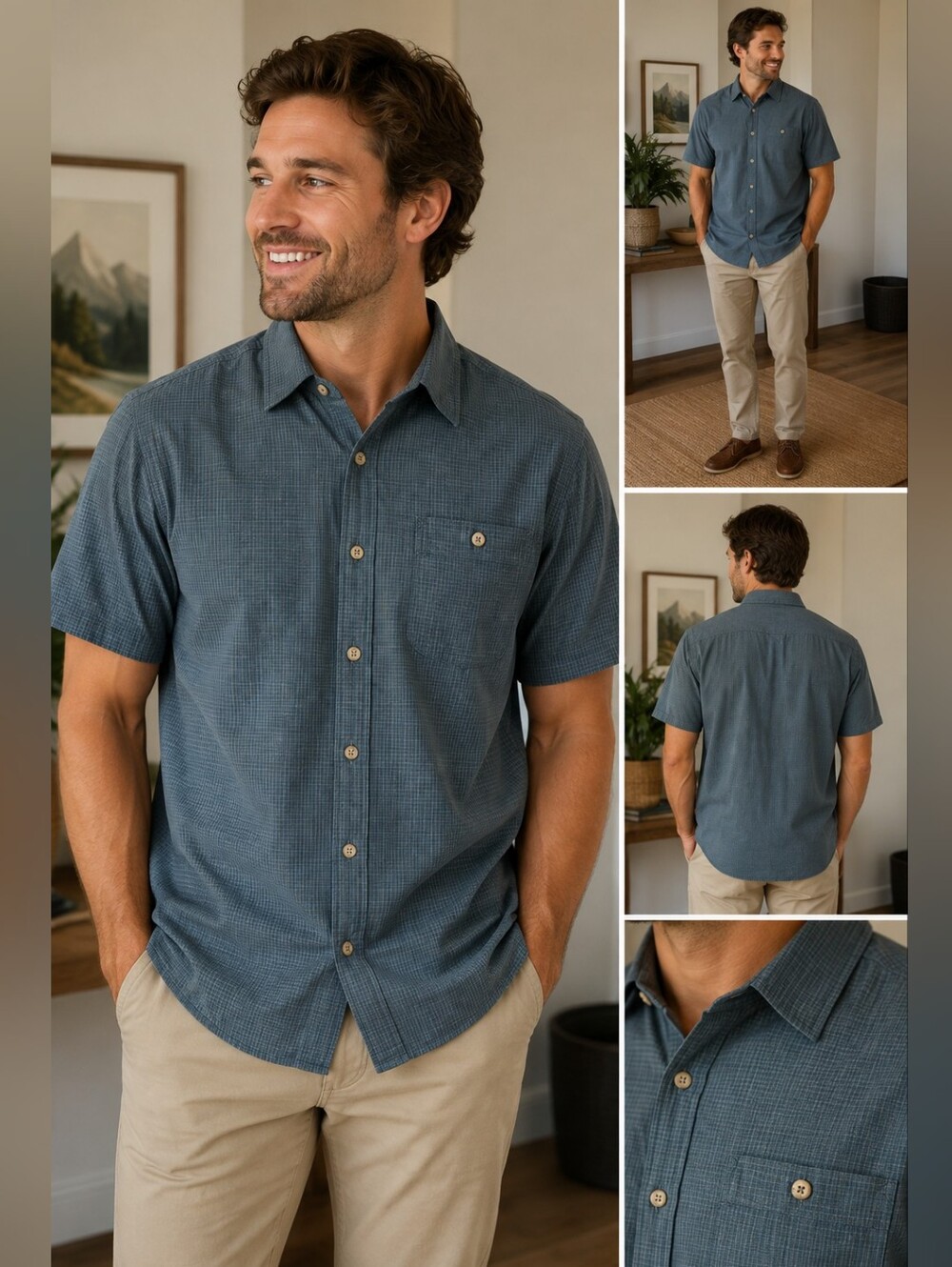 Eddie Bauer Men’s Large Blue Green Mini Check Short Sleeve Button Front Shirt
